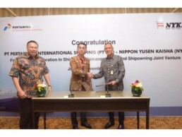 From left, Gandhi Sriwidodo, Logistic, Supply Chain and Infrastructure director, Pertamina; Akira Kono, managing corporate officer and chief executive of NYK’s Energy Division, NYK; Tafkir Husni, president director, PIS