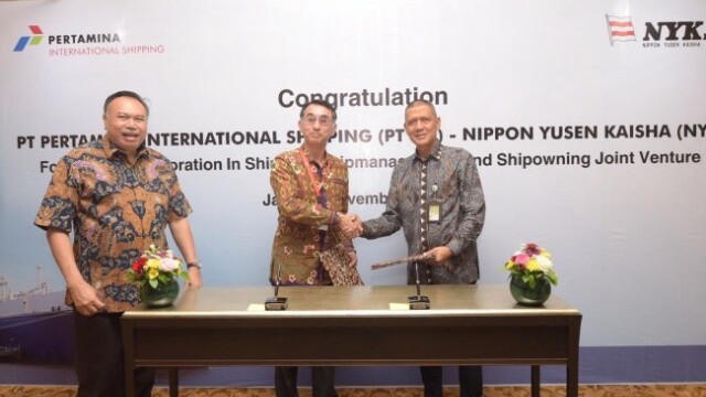 From left, Gandhi Sriwidodo, Logistic, Supply Chain and Infrastructure director, Pertamina; Akira Kono, managing corporate officer and chief executive of NYK’s Energy Division, NYK; Tafkir Husni, president director, PIS