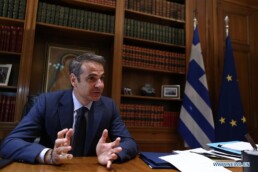 Greek Prime Minister Kyriakos Mitsotakis speaks during an interview in Athens, Greece, Oct. 30, 2019. (Xinhua/Marios Lolos)