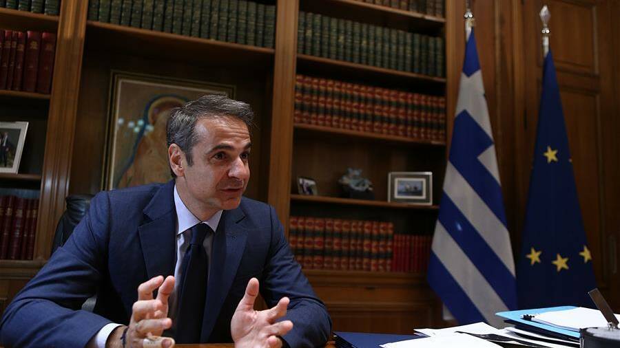 Greek Prime Minister Kyriakos Mitsotakis speaks during an interview in Athens, Greece, Oct. 30, 2019. (Xinhua/Marios Lolos)