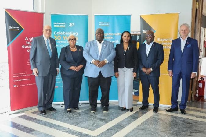 Pictured L-R are The Bahamas Maritime Authority Deputy Chairman, Peter John Goulandris; Board Chairman, Jacqueline M. Simmons; The Honorable Leon Lundy, The Bahamas Minister of Transport & Mrs. Lundy; Managing Director & CEO, Captain Dwain Hutchinson; The BMA Regional Director for Greece, Dimitri Tsiftsis.